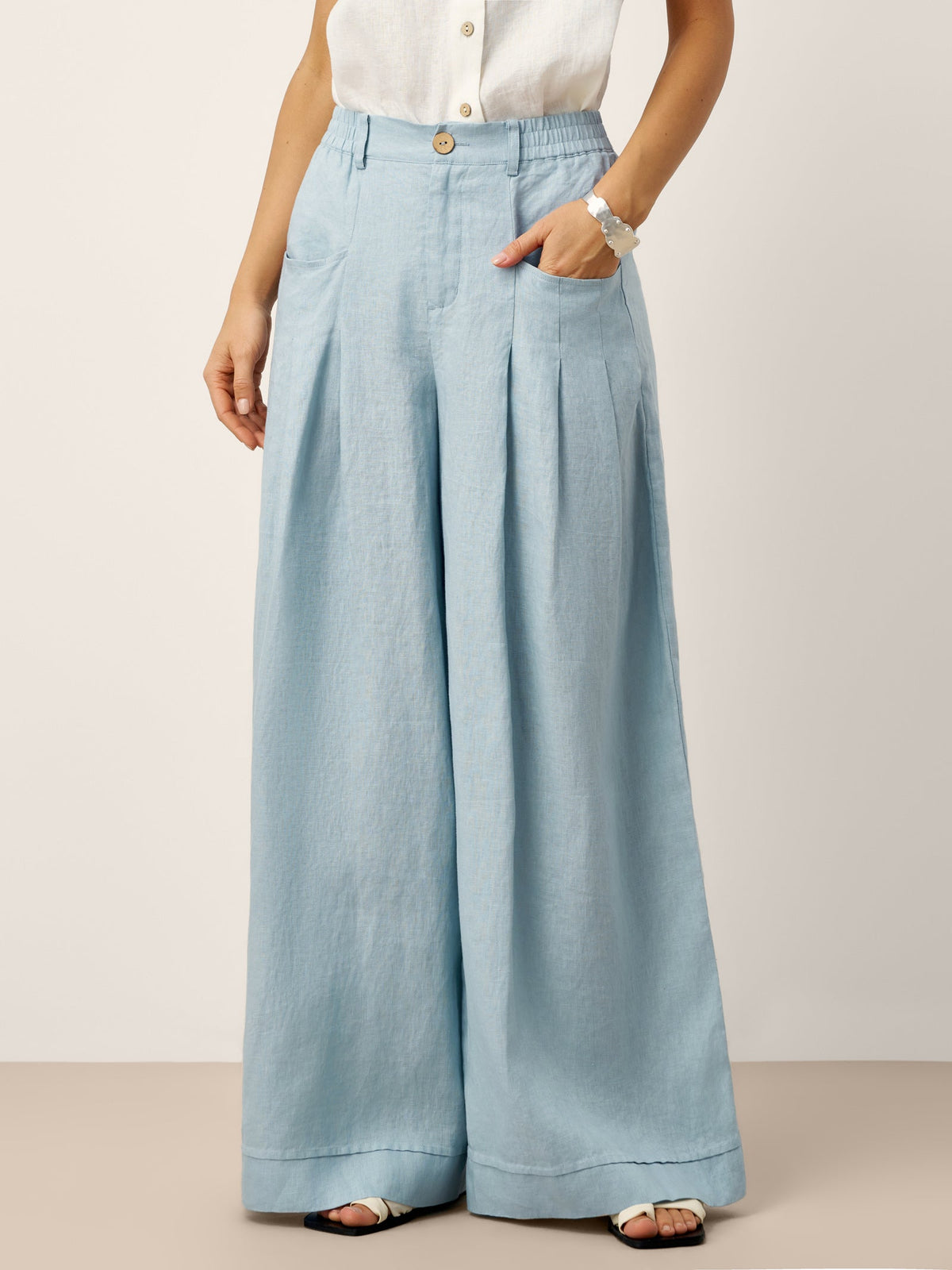 Women's Linen Wide Leg Pants with Welt Pockets - High Rise