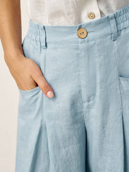 Women's Linen Wide Leg Pants with Welt Pockets - High Rise