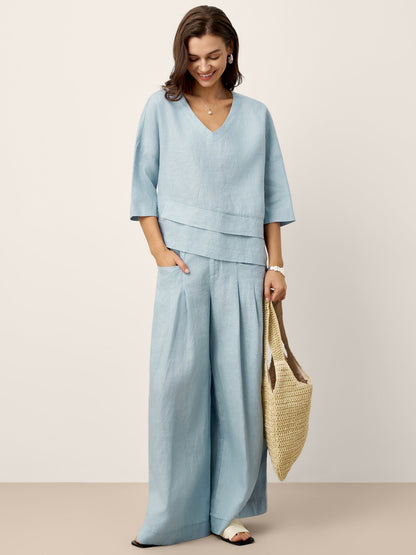 Women's Linen Wide Leg Pants with Welt Pockets - High Rise