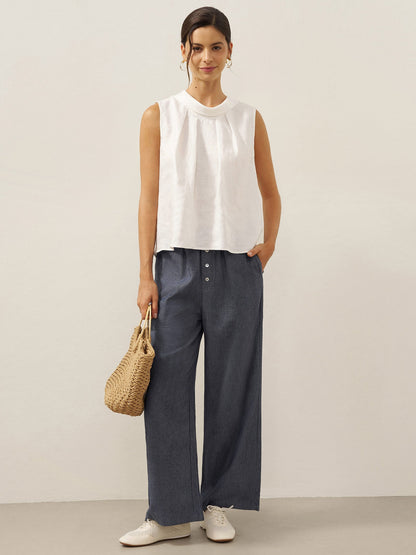 Women's 100% Linen Sleeveless Blouse - Stand Collar Top
