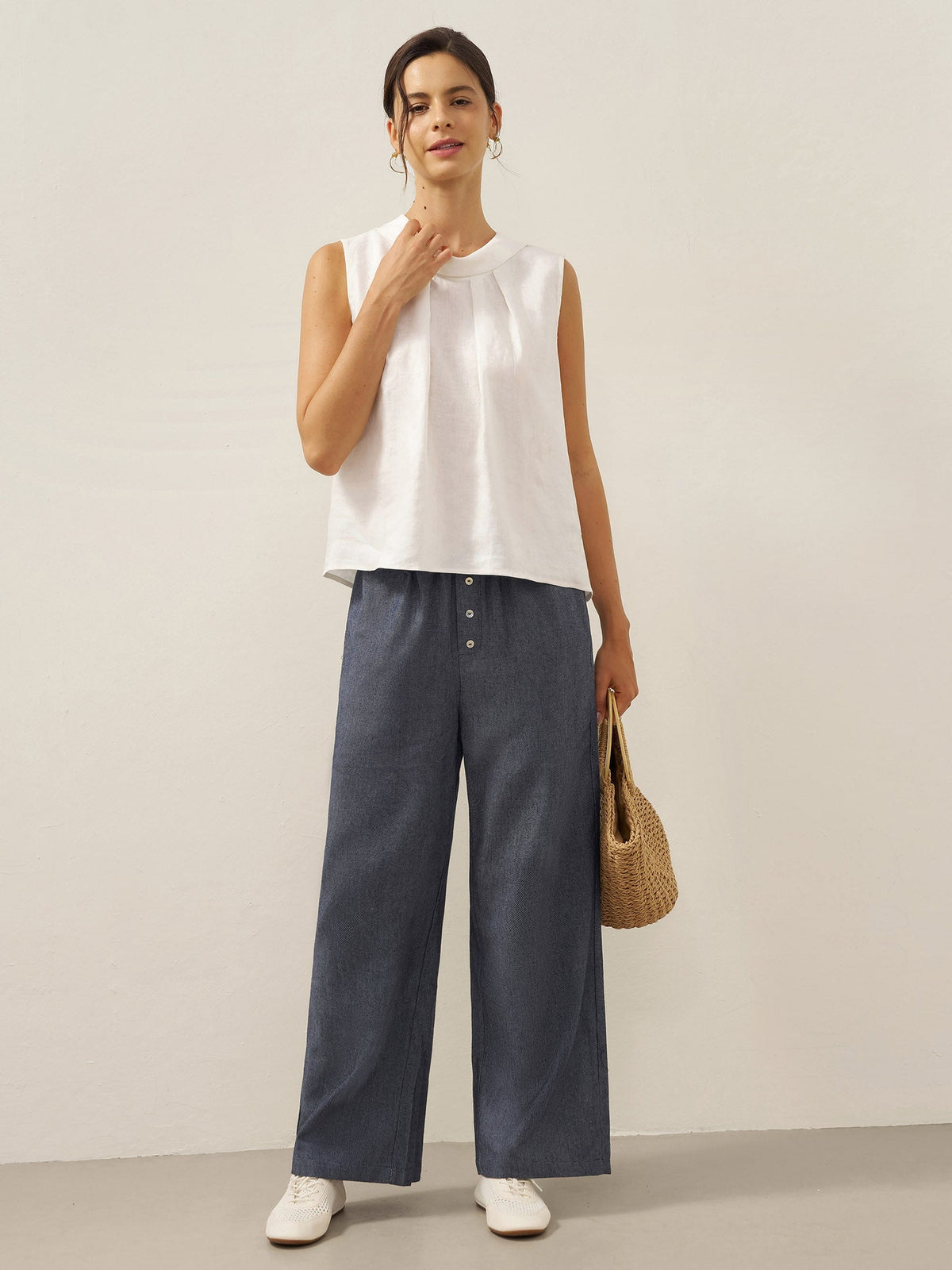 Women's 100% Linen Sleeveless Blouse - Stand Collar Top