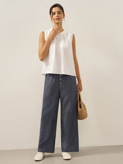 Women's 100% Linen Sleeveless Blouse - Stand Collar Top