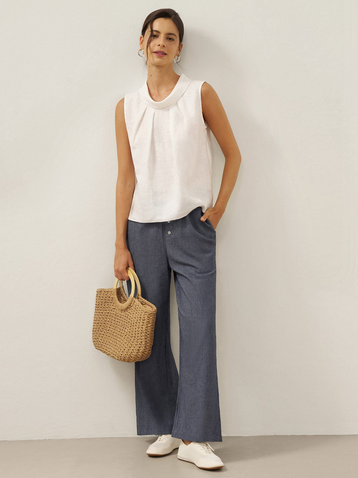 Women's 100% Linen Sleeveless Blouse - Stand Collar Top