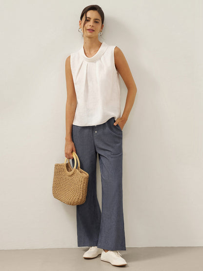 Women's 100% Linen Sleeveless Blouse - Stand Collar Top
