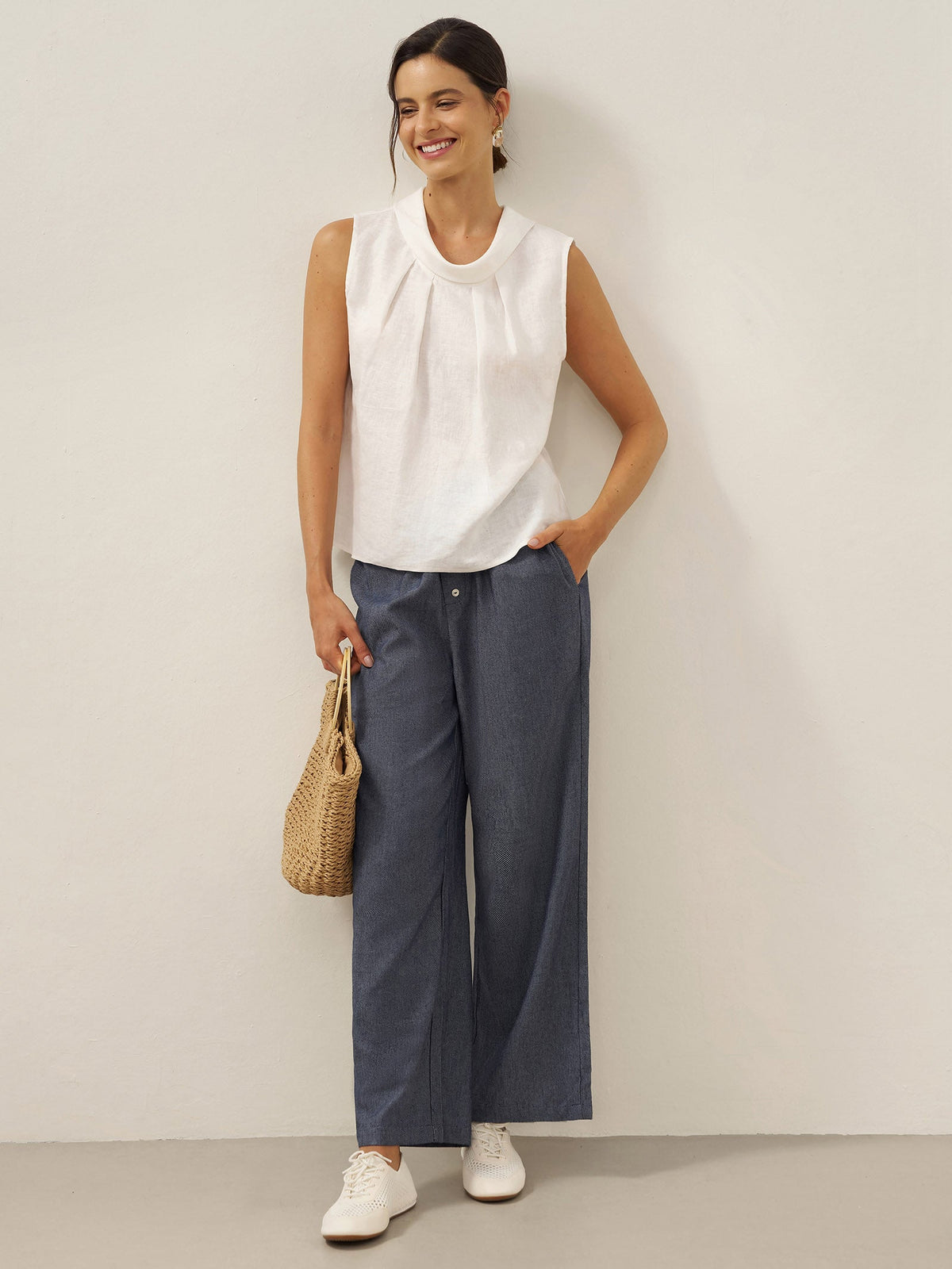 Women's 100% Linen Sleeveless Blouse - Stand Collar Top