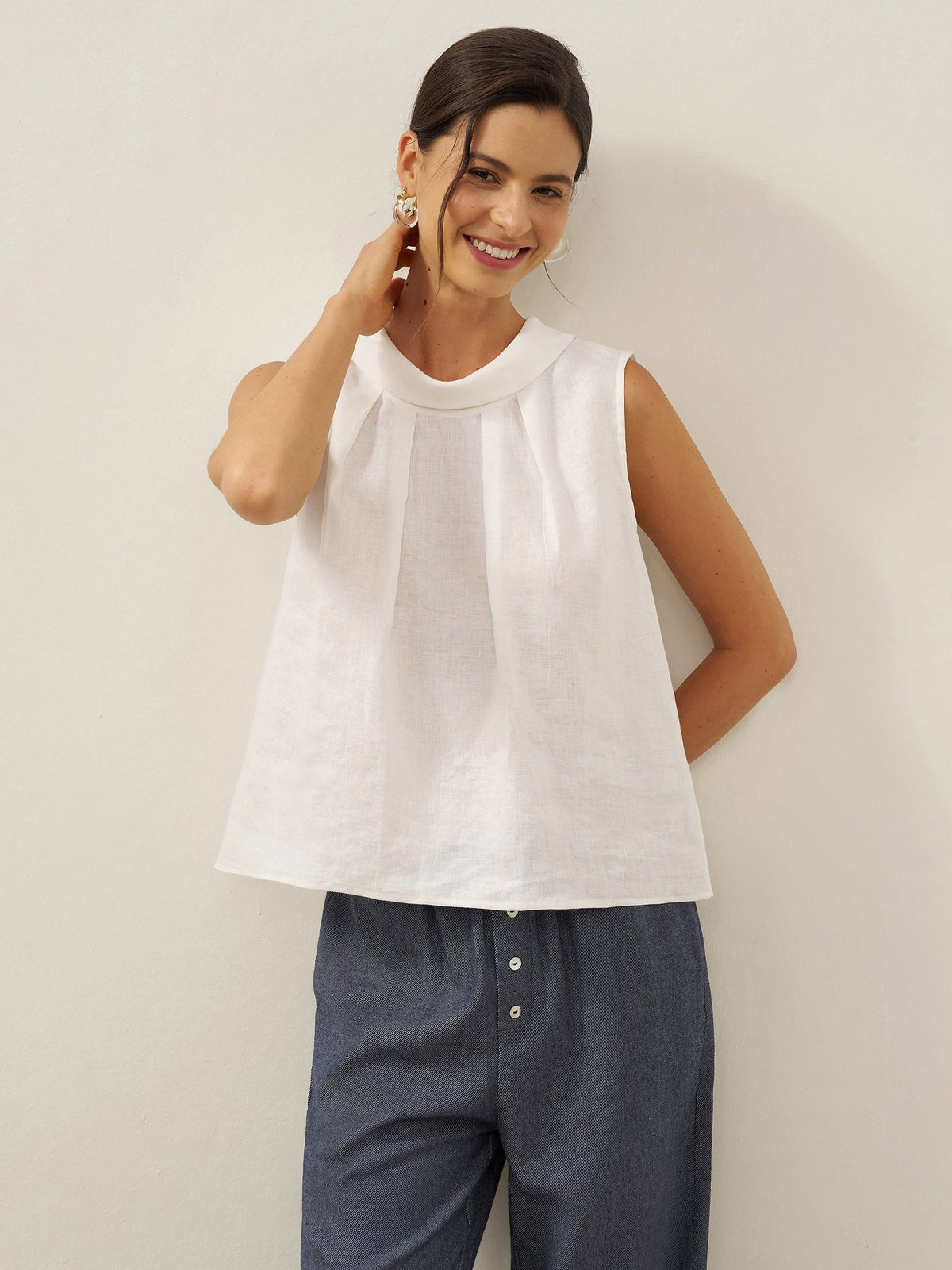 Women's 100% Linen Sleeveless Blouse - Stand Collar Top