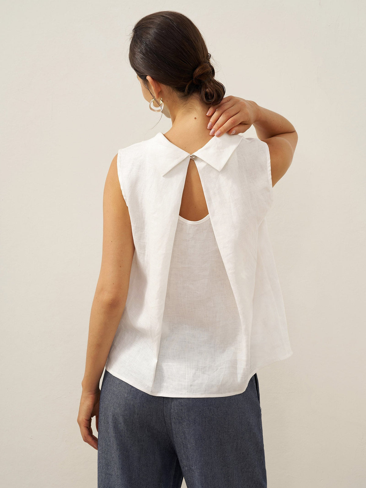 Women's 100% Linen Sleeveless Blouse - Stand Collar Top