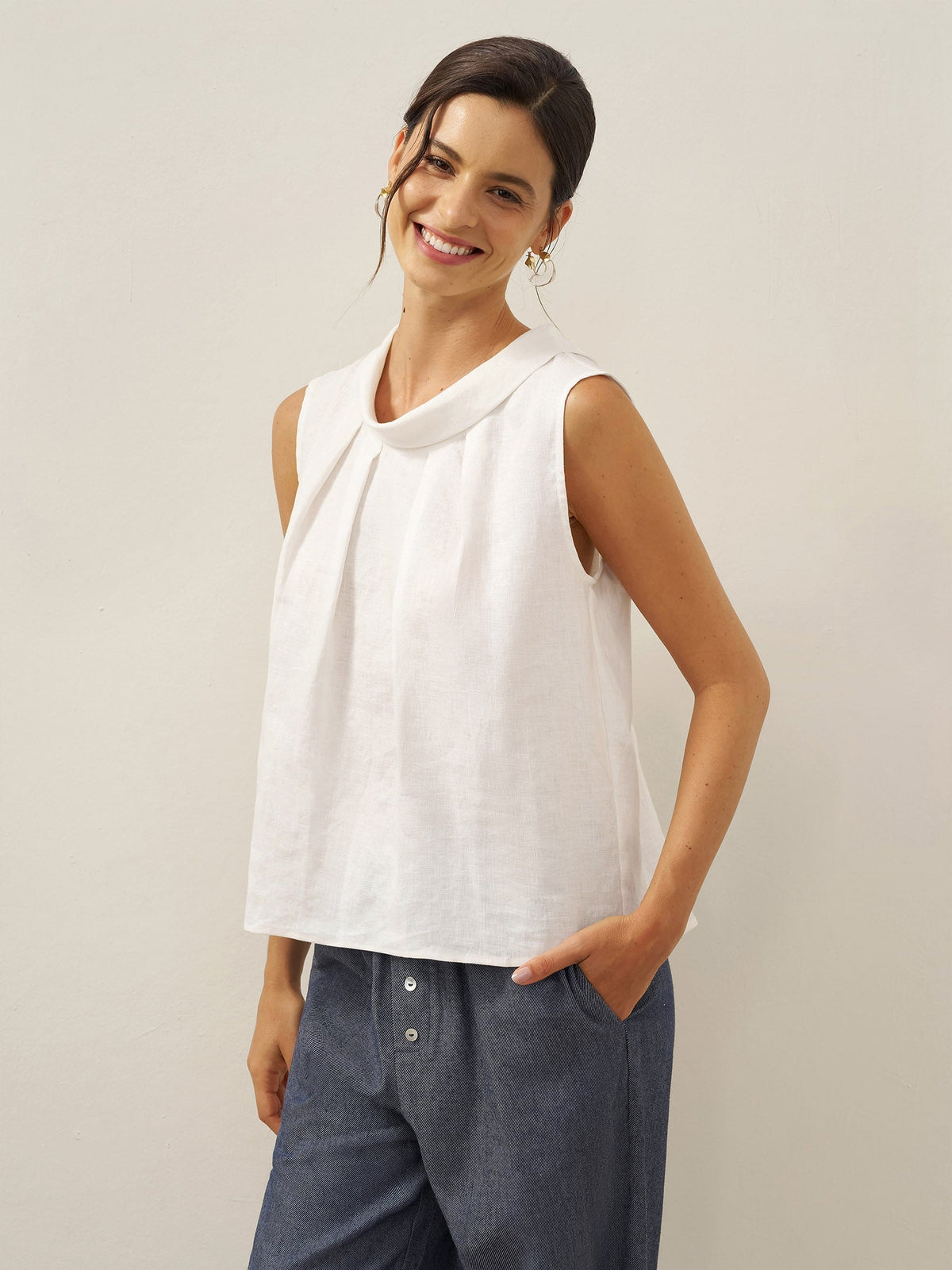 Women's 100% Linen Sleeveless Blouse - Stand Collar Top