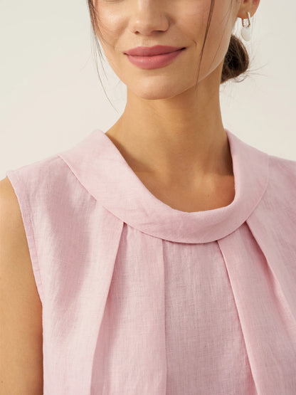 Women's 100% Linen Sleeveless Blouse - Stand Collar Top