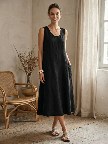 Women's 100% Linen Sleeveless Midi Dress with Pockets