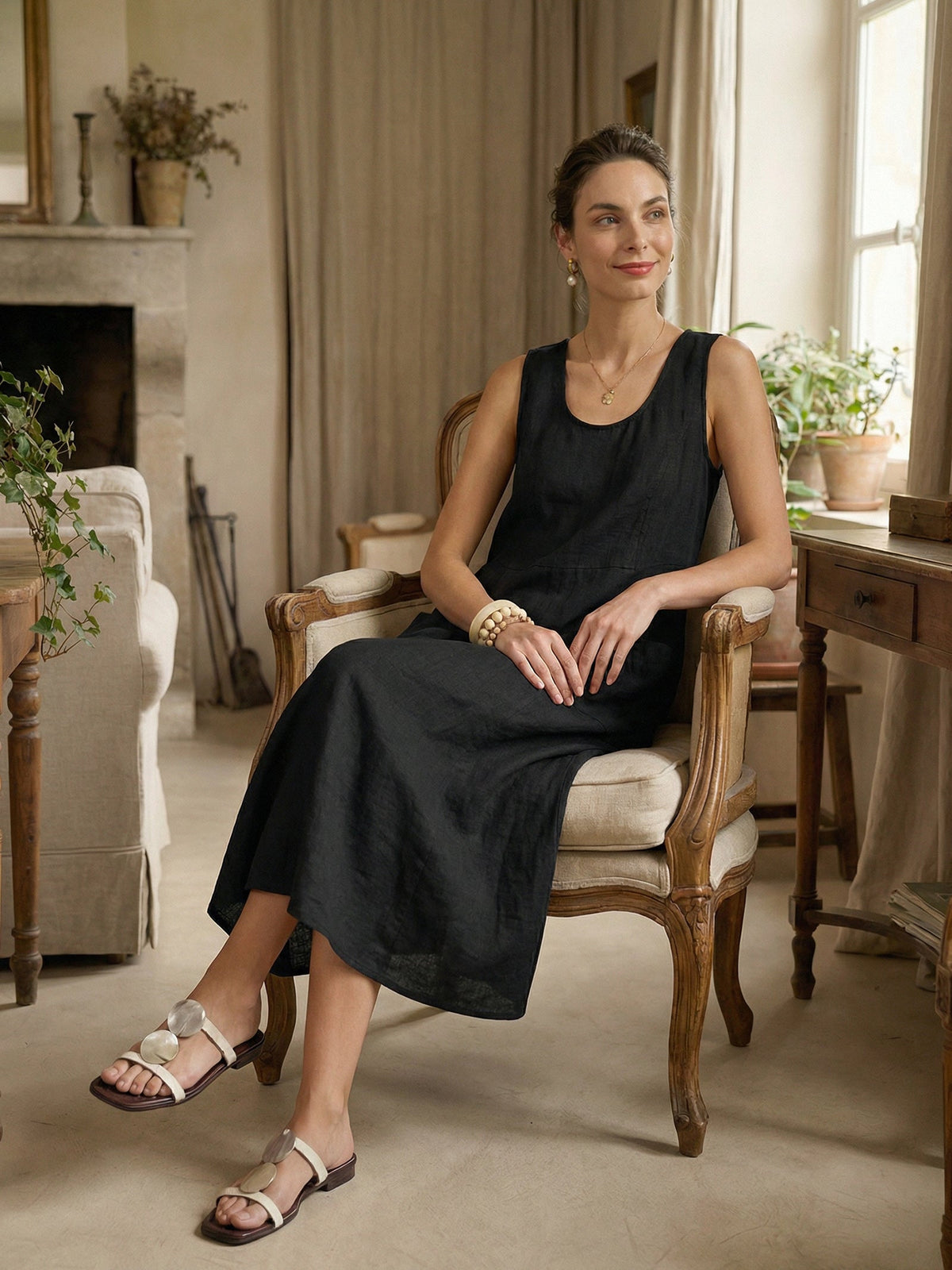 Women's 100% Linen Sleeveless Midi Dress with Pockets