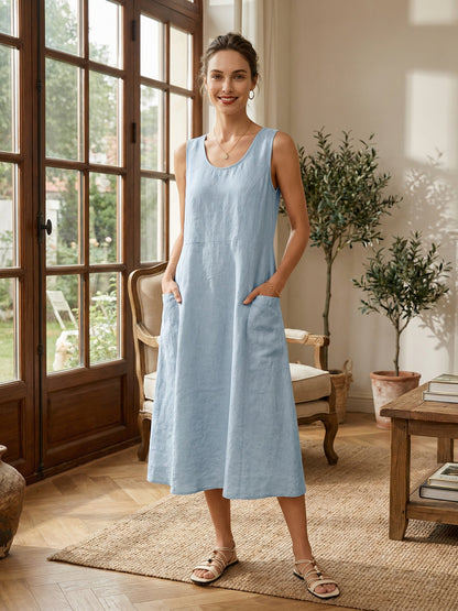 Women's 100% Linen Sleeveless Midi Dress with Pockets