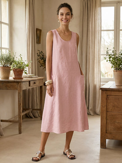 Women's 100% Linen Sleeveless Midi Dress with Pockets