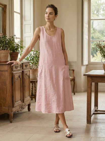 Women's 100% Linen Sleeveless Midi Dress with Pockets