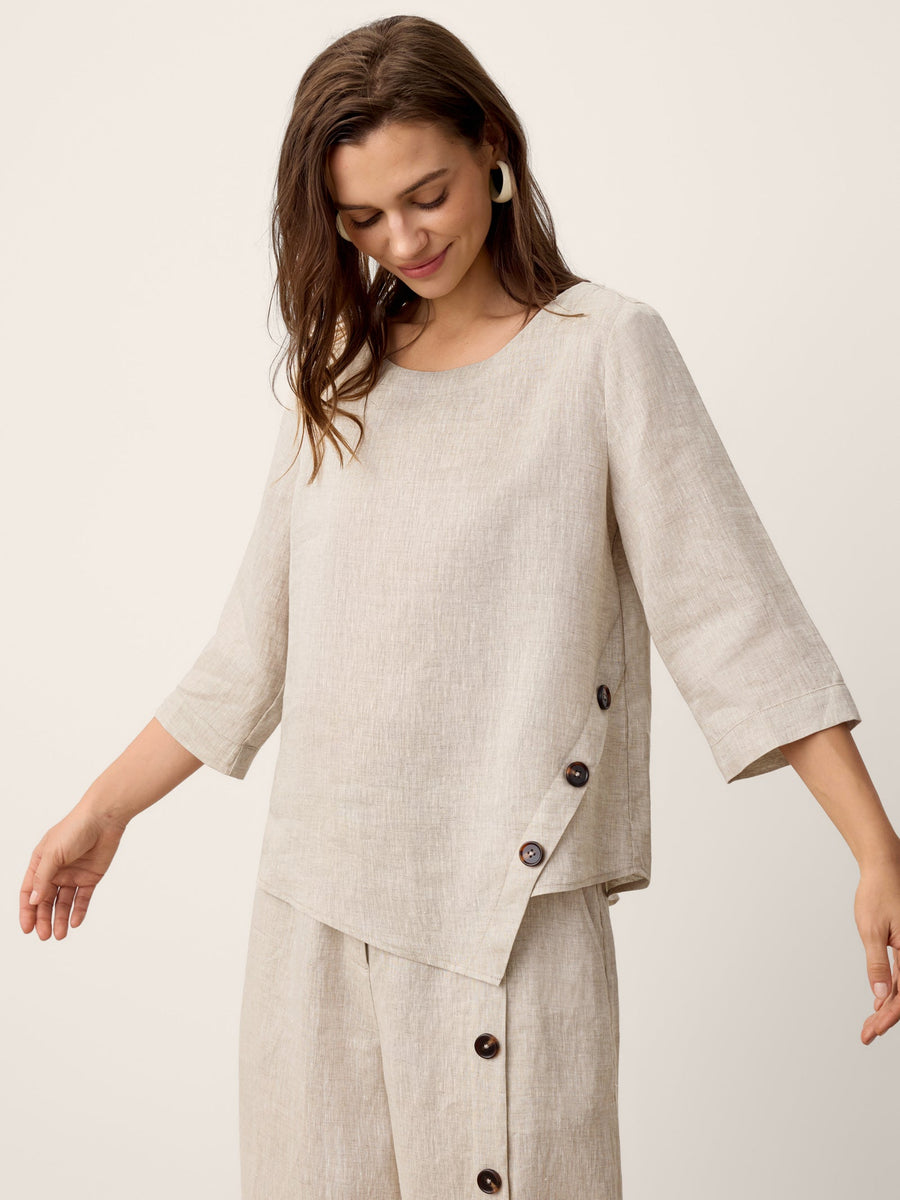 Women's 100% Linen Blouse - Asymmetric Hem Round Neck Top