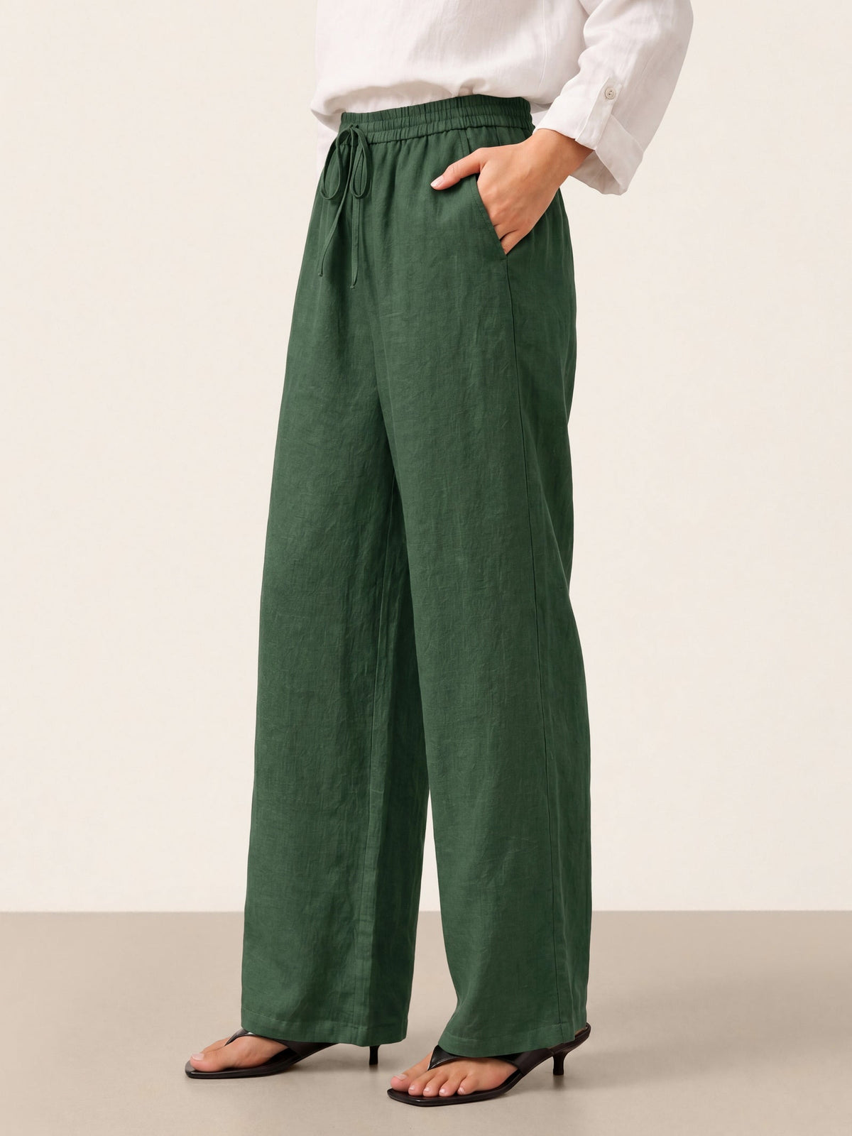 Women's 100% Linen Straight Leg Pants - Full Elastic Waist