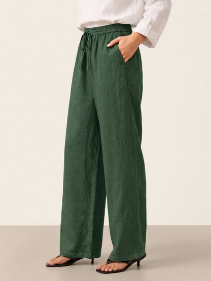 Women's 100% Linen Straight Leg Pants - Full Elastic Waist