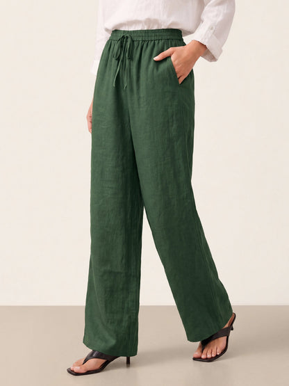 Women's 100% Linen Straight Leg Pants - Full Elastic Waist