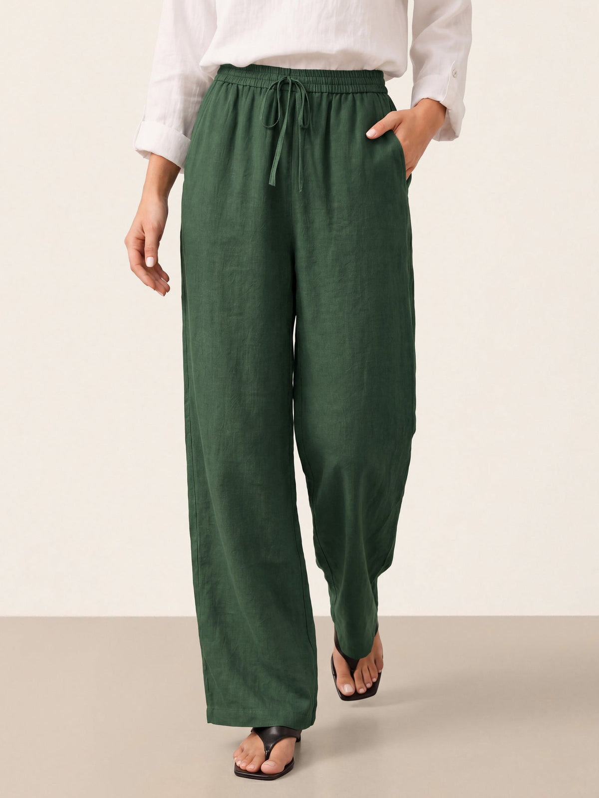 Women's 100% Linen Straight Leg Pants - Full Elastic Waist