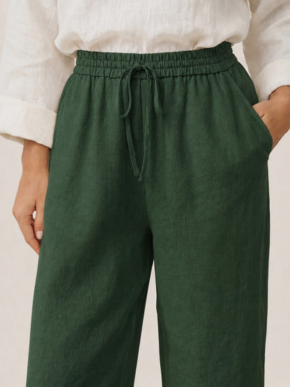 Women's 100% Linen Straight Leg Pants - Full Elastic Waist
