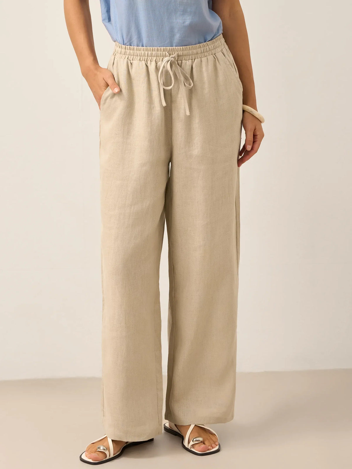 Women's 100% Linen Straight Leg Pants - Full Elastic Waist