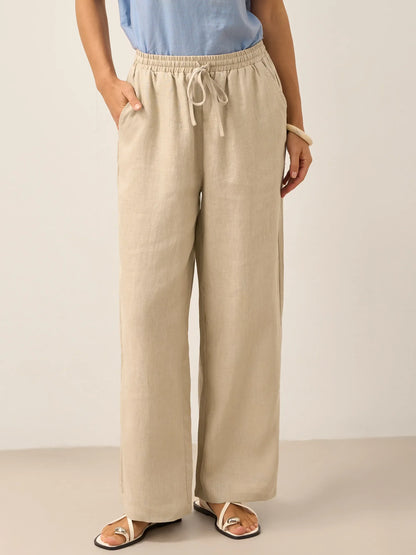 Women's 100% Linen Straight Leg Pants - Full Elastic Waist