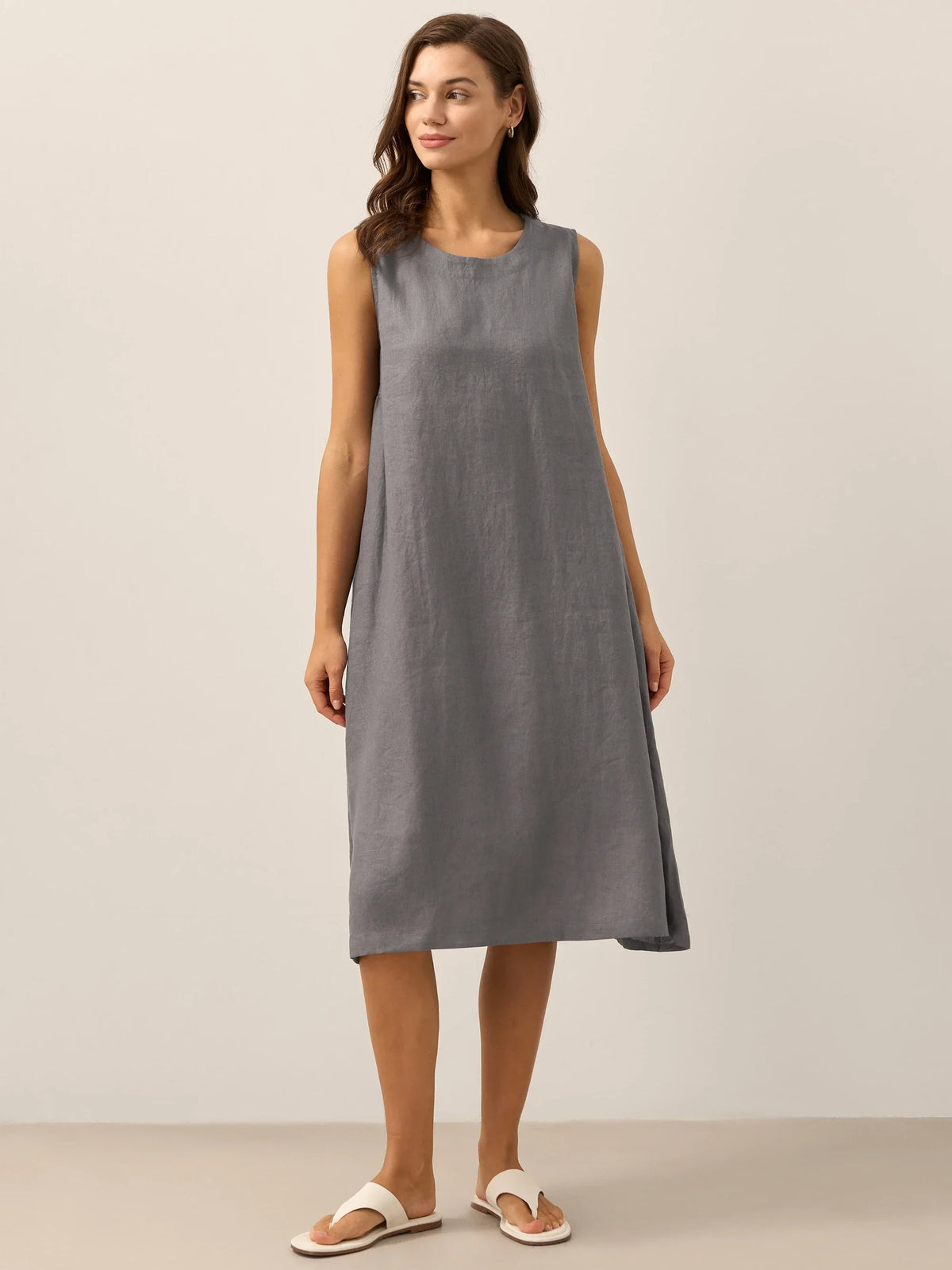 Women's 100% Linen Sleeveless Midi Dress - A-Line Round Neck