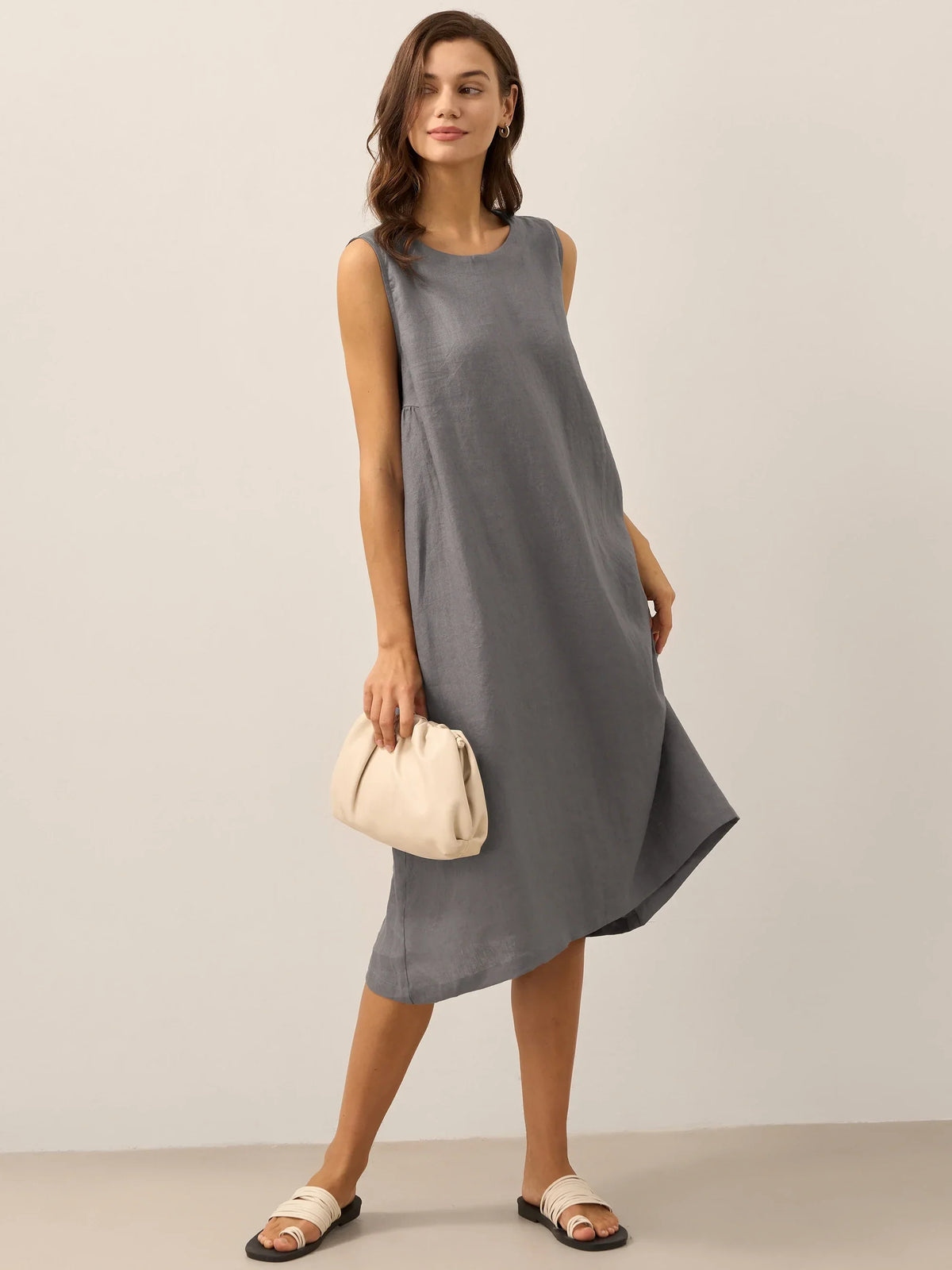 Women's 100% Linen Sleeveless Midi Dress - A-Line Round Neck