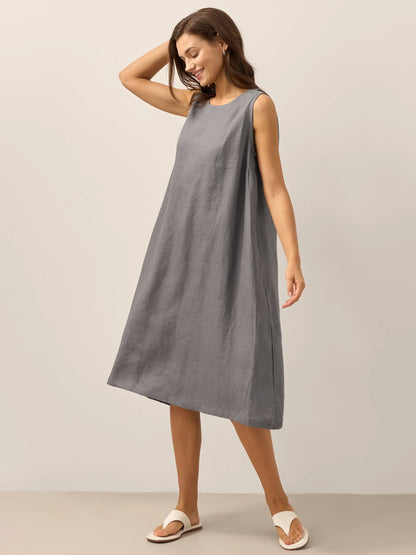 Women's 100% Linen Sleeveless Midi Dress - A-Line Round Neck