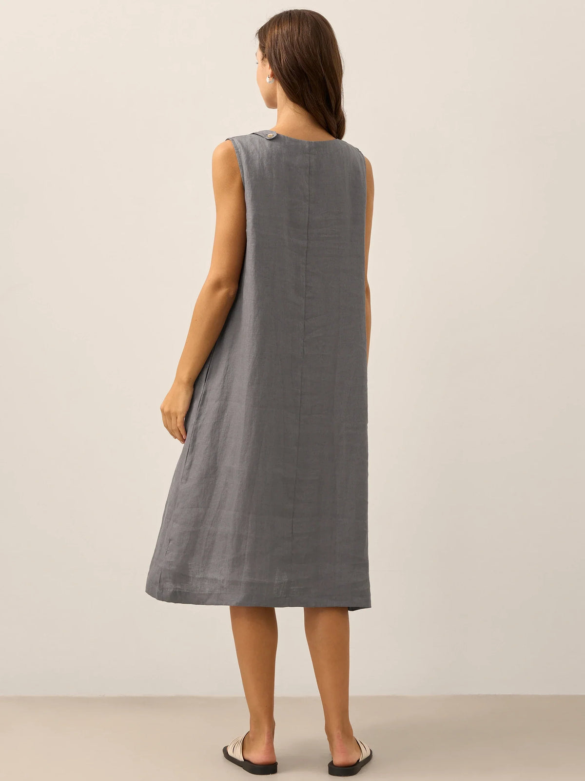 Women's 100% Linen Sleeveless Midi Dress - A-Line Round Neck
