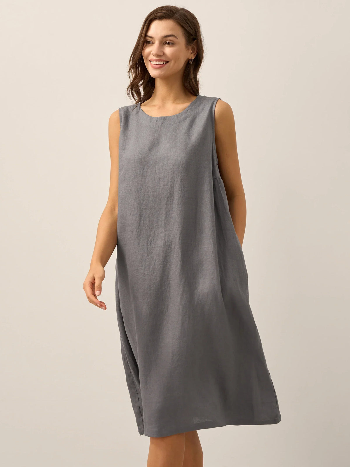 Women's 100% Linen Sleeveless Midi Dress - A-Line Round Neck