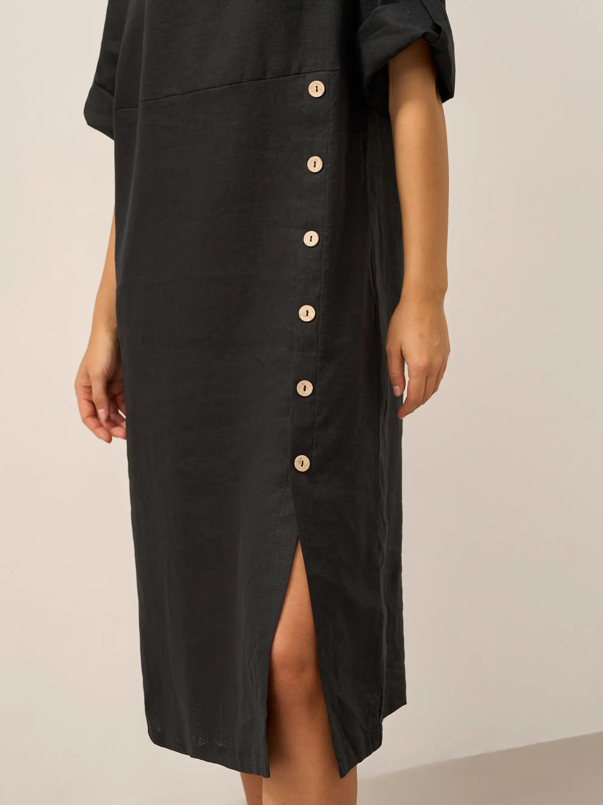 Women's 100% Linen Midi Dress - Asymmetric Round Neck Dress