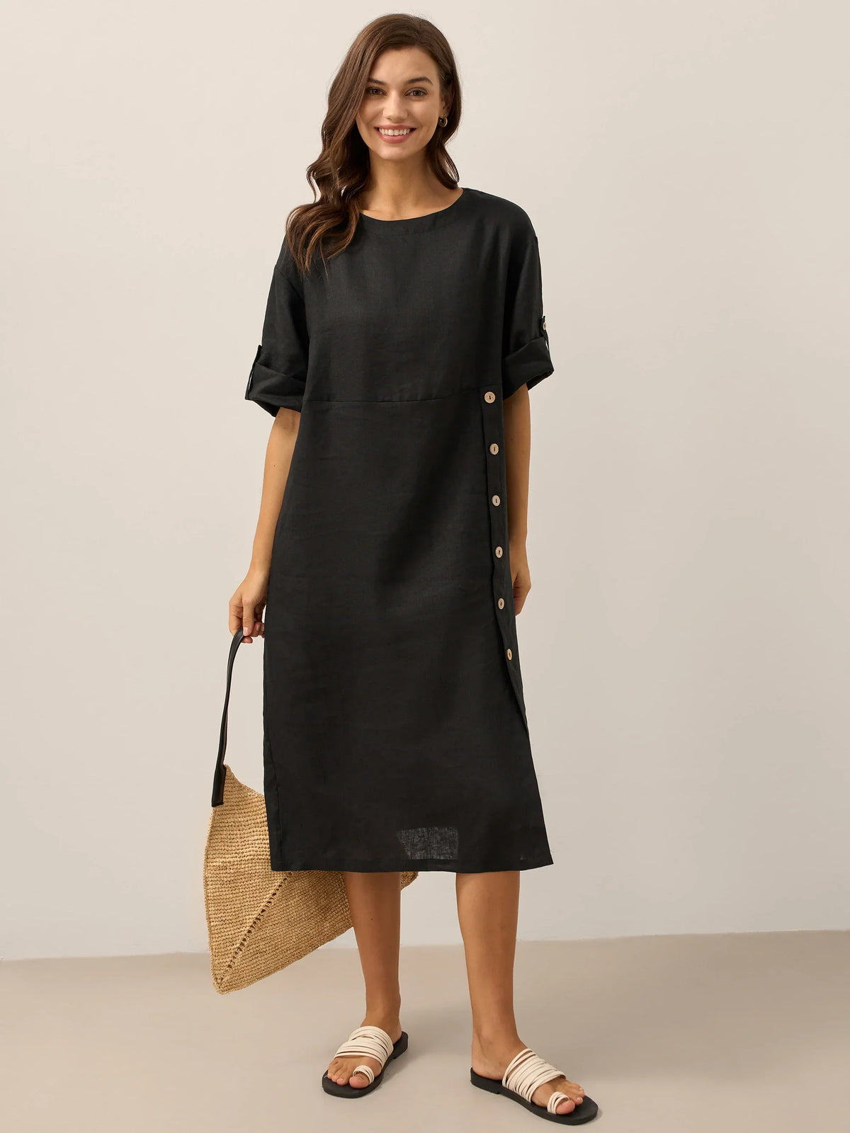 Women's 100% Linen Midi Dress - Asymmetric Round Neck Dress