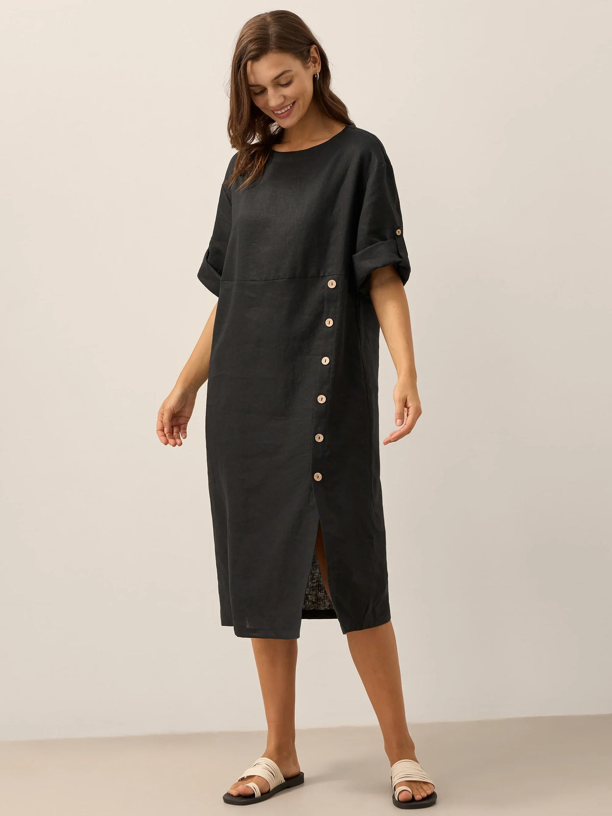 Women's 100% Linen Midi Dress - Asymmetric Round Neck Dress