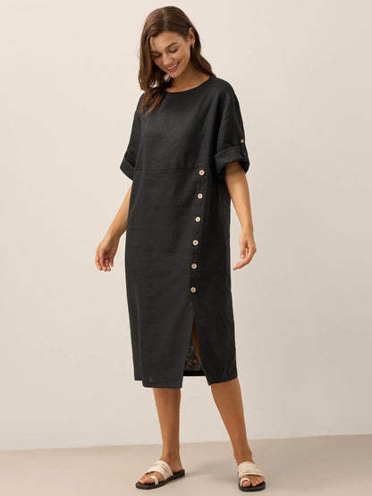 Women's 100% Linen Midi Dress - Asymmetric Round Neck Dress