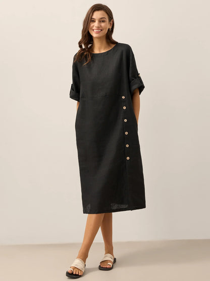 Women's 100% Linen Midi Dress - Asymmetric Round Neck Dress