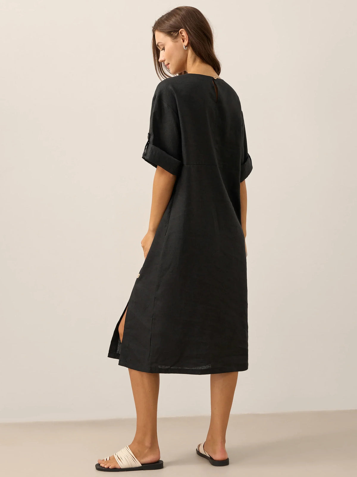 Women's 100% Linen Midi Dress - Asymmetric Round Neck Dress