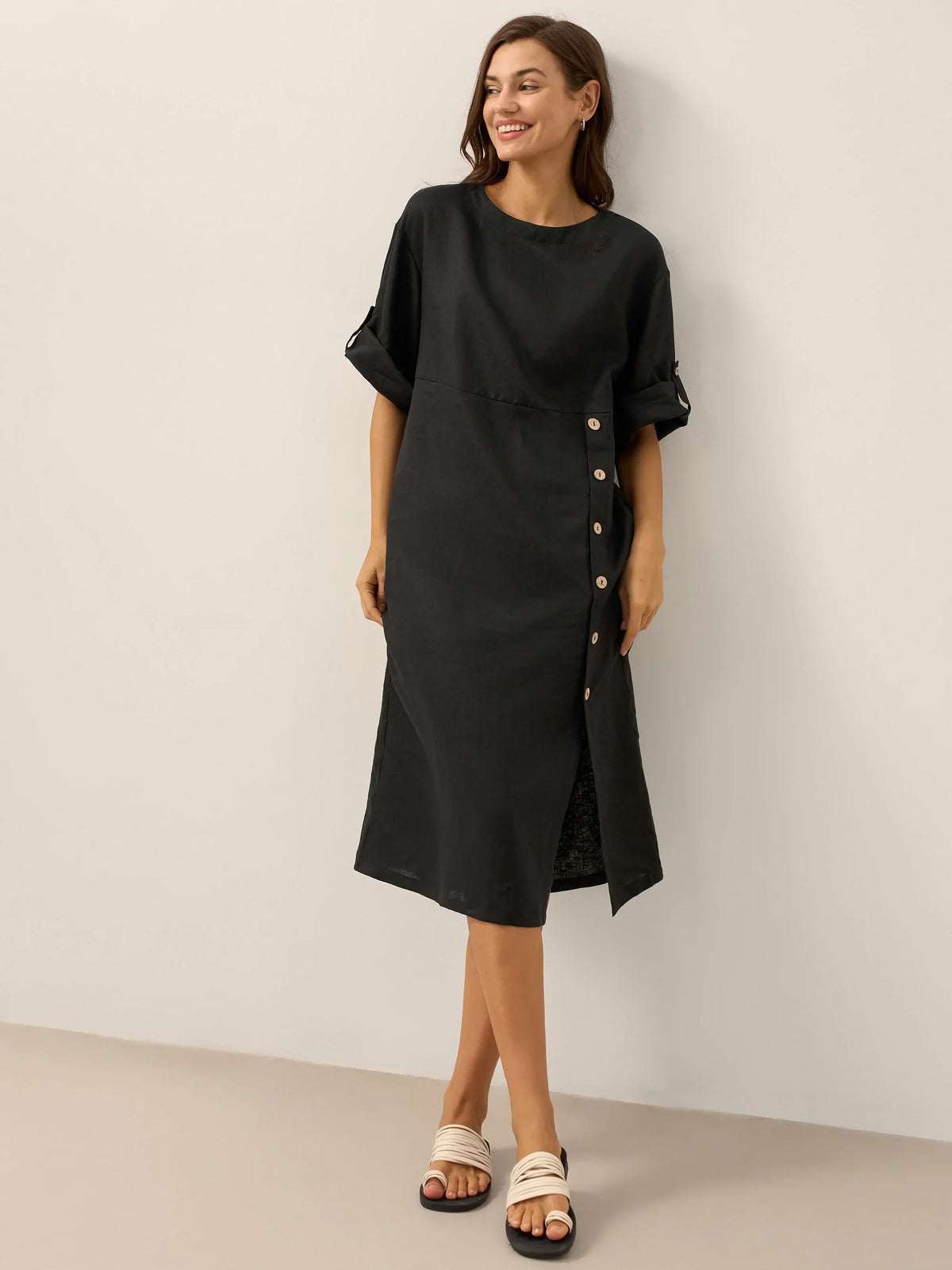 Women's 100% Linen Midi Dress - Asymmetric Round Neck Dress