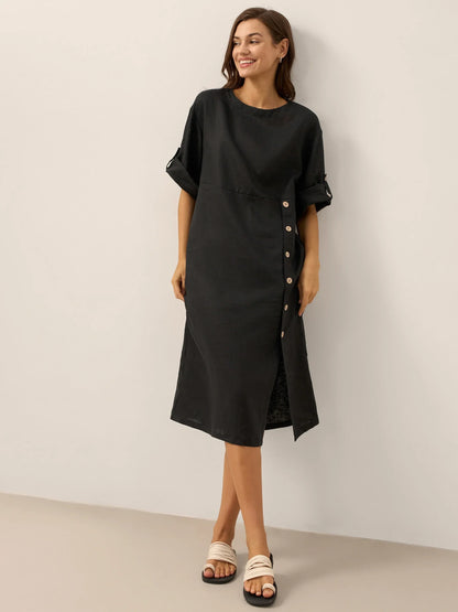 Women's 100% Linen Midi Dress - Asymmetric Round Neck Dress