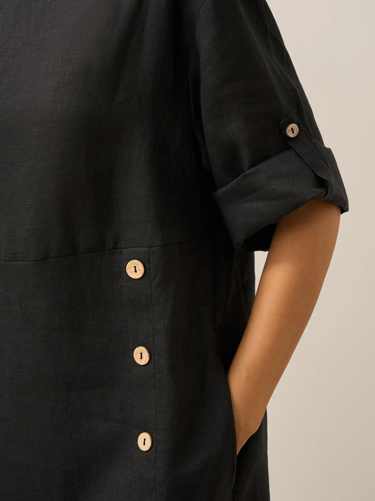 Women's 100% Linen Midi Dress - Asymmetric Round Neck Dress