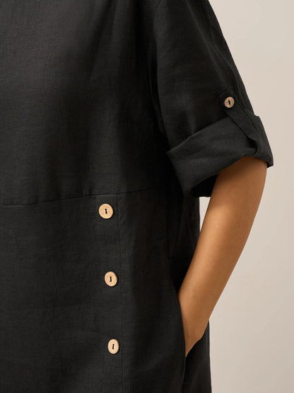 Women's 100% Linen Midi Dress - Asymmetric Round Neck Dress