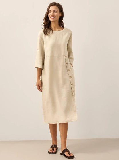 Women's 100% Linen Midi Dress - Asymmetric Round Neck Dress