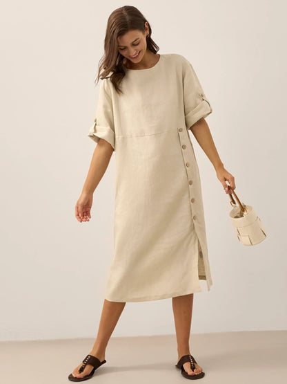 Women's 100% Linen Midi Dress - Asymmetric Round Neck Dress