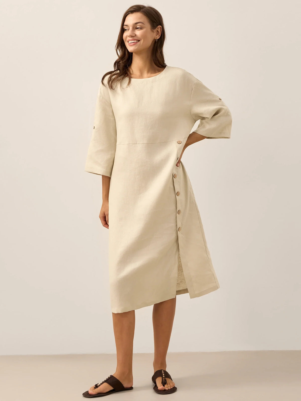 Women's 100% Linen Midi Dress - Asymmetric Round Neck Dress
