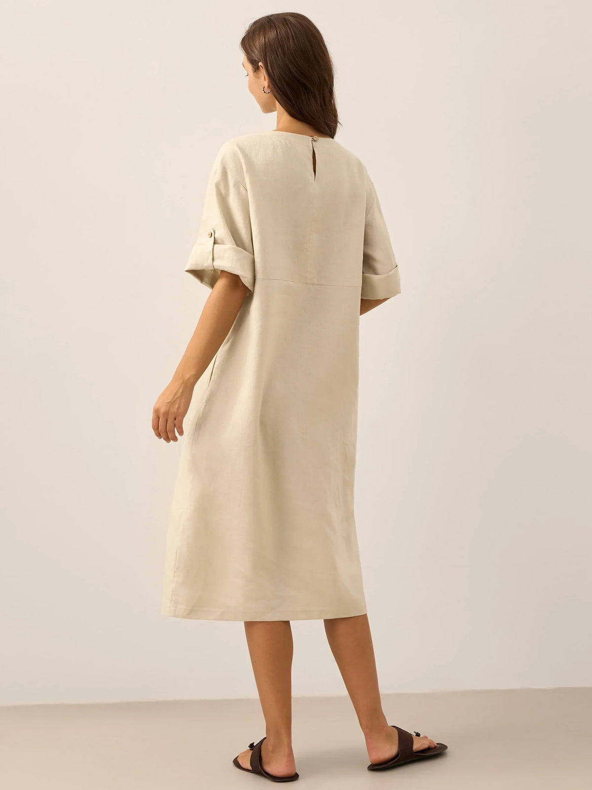 Women's 100% Linen Midi Dress - Asymmetric Round Neck Dress