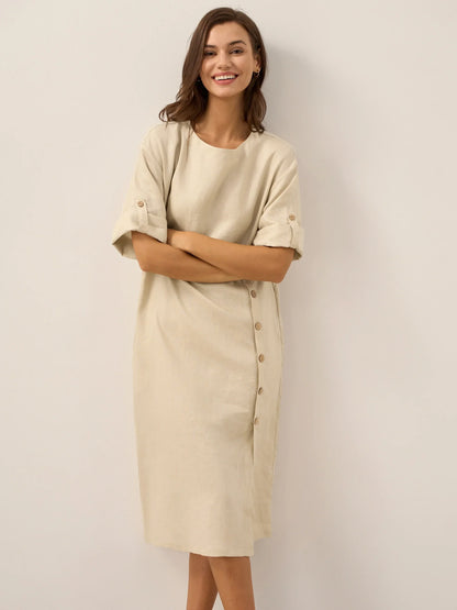 Women's 100% Linen Midi Dress - Asymmetric Round Neck Dress