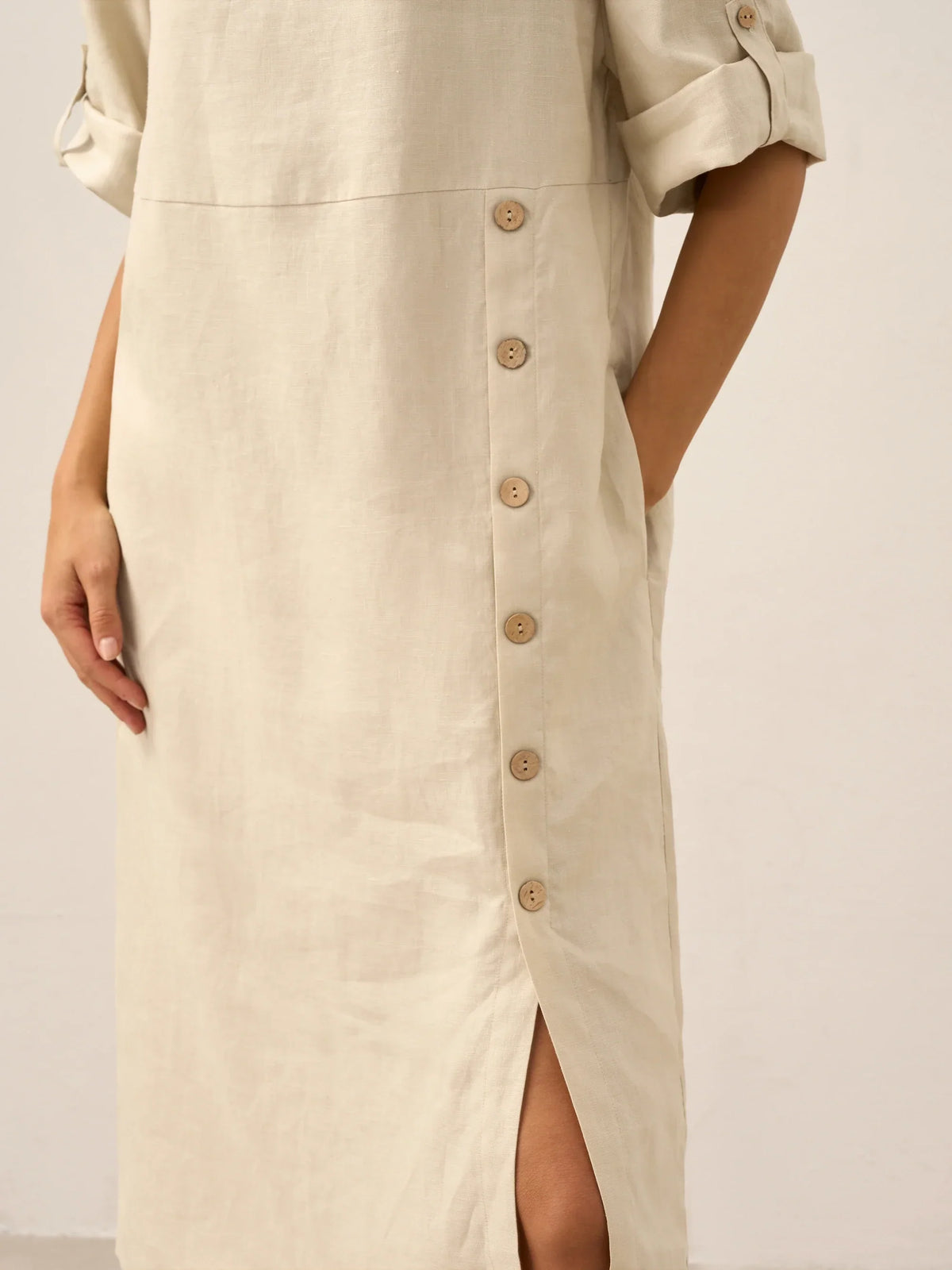 Women's 100% Linen Midi Dress - Asymmetric Round Neck Dress