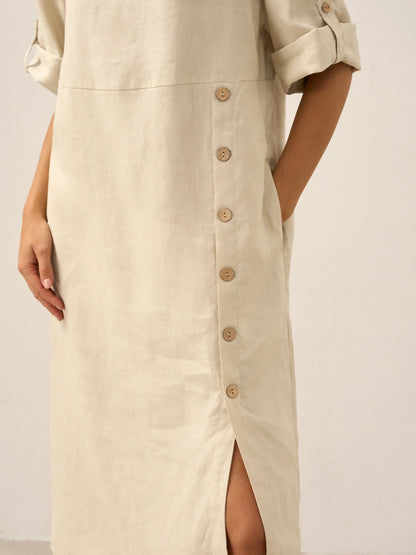Women's 100% Linen Midi Dress - Asymmetric Round Neck Dress