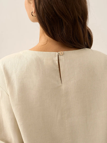 Women's 100% Linen Midi Dress - Asymmetric Round Neck Dress
