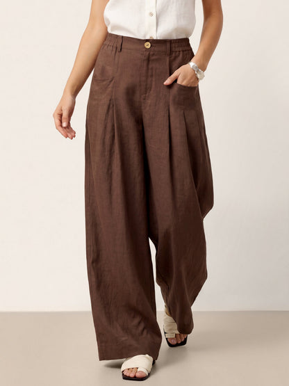Women's Linen Wide Leg Pants with Welt Pockets - High Rise